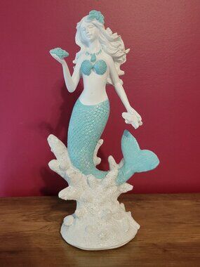 White & Blue Mermaid Statue, 11 in Coastal Decor